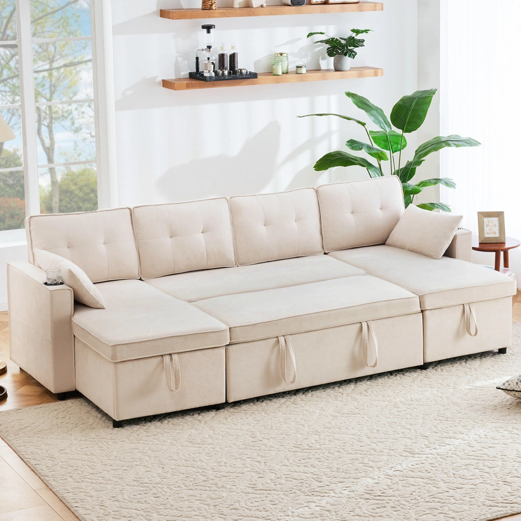 Divano letto U-förmige con contenitore, 4 posti, tessuto cotone-lino, beige, con 2 cuscini