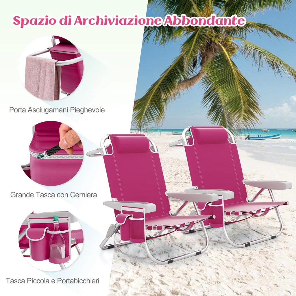Sedia da Spiaggia, Sdraio Pieghevole a 5 Posizioni con Portabicchieri, Poltrona da Spiaggia con Cuscino per Testa e Zaino, Sedia da Campeggio Portatile, Portata 150 kg (Rosa,1)