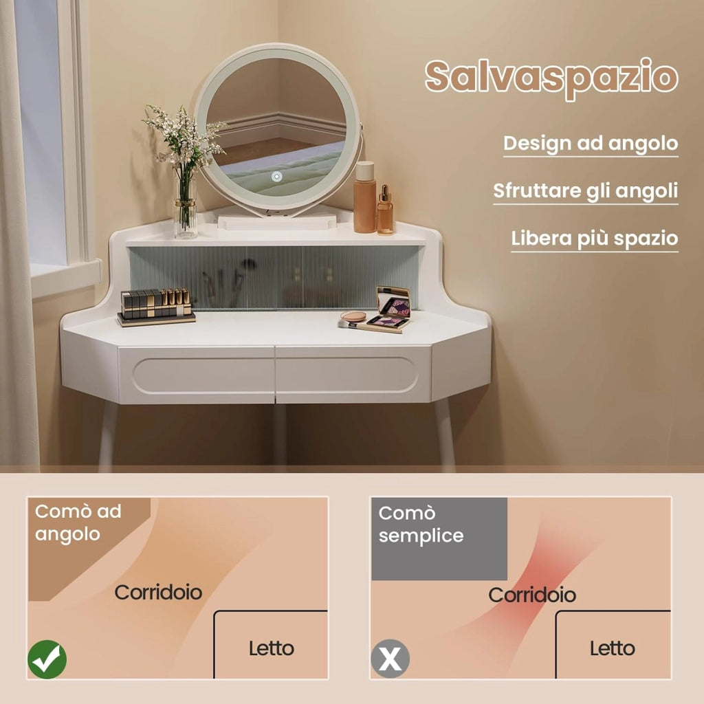 WOLTU Toeletta ad Angolo con Luce, Specchio Dimmerabile, Tavolo da Toilette, 2 Cassetti, 1 Ripiano con Divisorio in Vetro, Tavolino Salvaspazio, Gambe in Metallo, Bianco