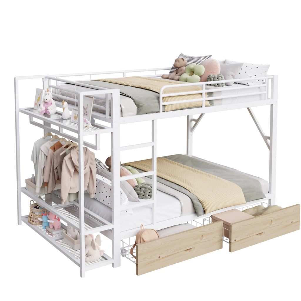 Letto a castello 140x200 cm in metallo e MDF bianco con LED; 2 cassetti e ripiani