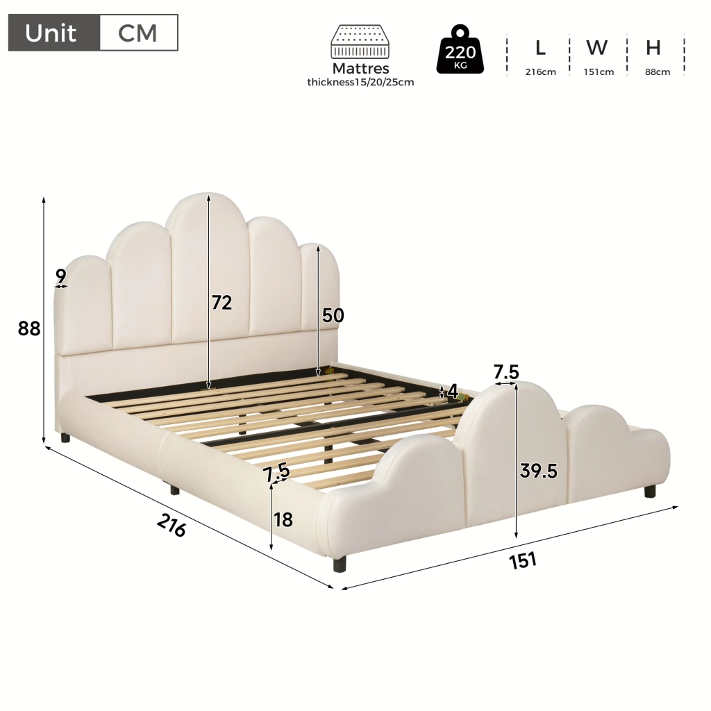 Letto imbottito 140 x 200 cm in velluto beige con testiera imbottita e struttura a nuvola