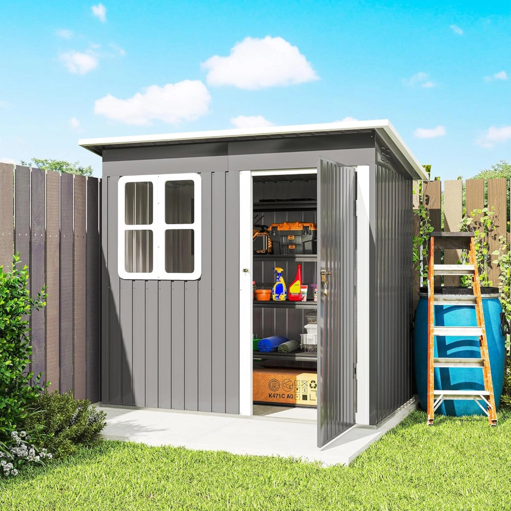 Casetta da Giardino Porta Attrezzi in Lamiera Acciaio Zincato, 2.55m² Capanno da Giardino con Porta Blocco Tetto Inclinato, Capannone per Prato, Patio, Cortile, Esterno, 221x133x190cm, Grigio