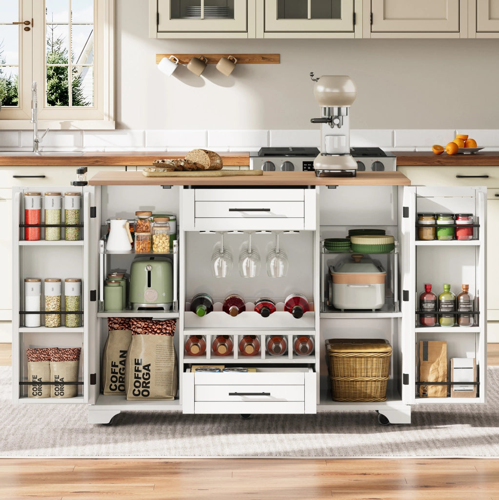 Carrello da cucina 138x45(70)x92 cm con piano estraibile; ruote; MDF; bianco e naturale