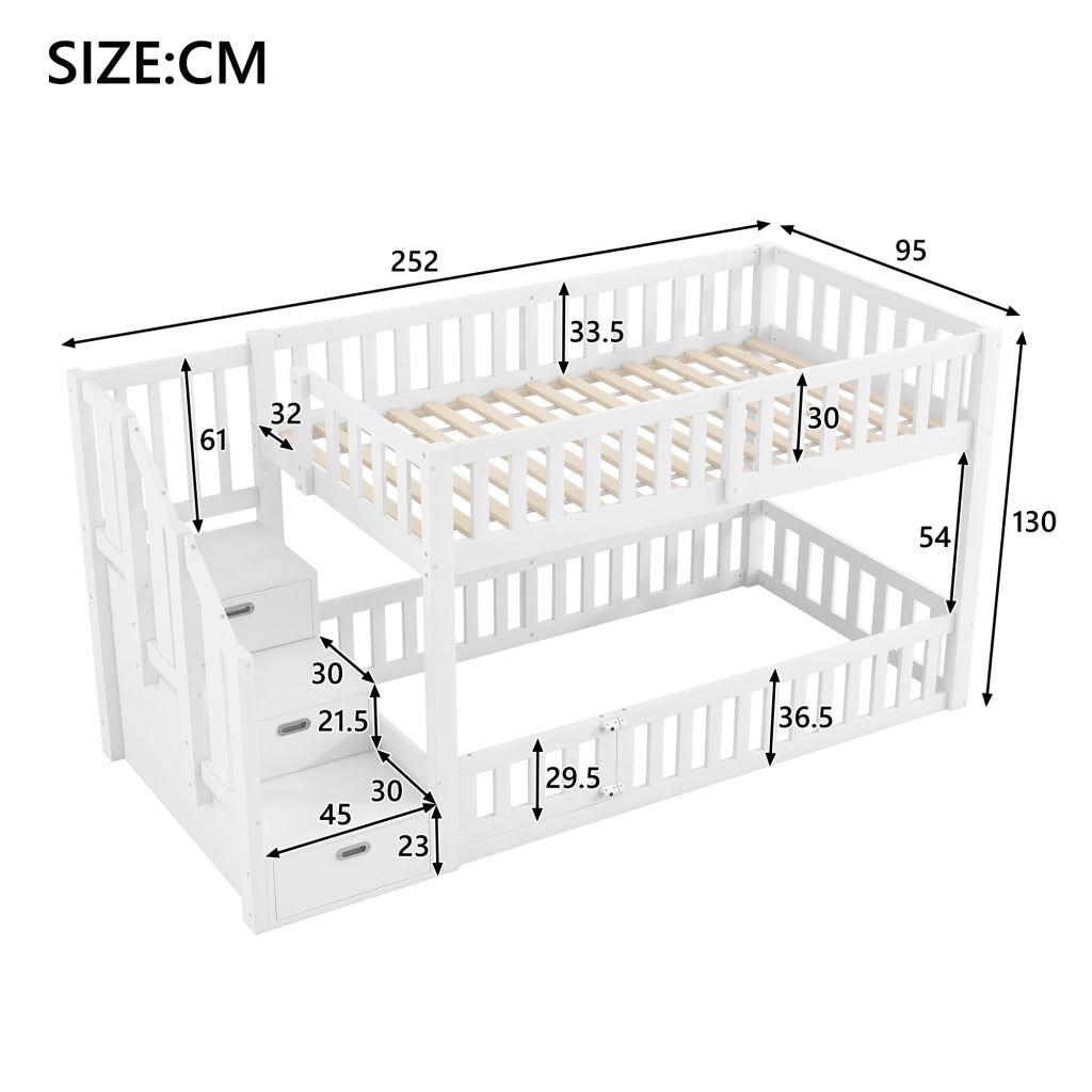 Letto a castello 90 × 200 cm con scala laterale e vano portaoggetti, senza materasso, in legno, bianco