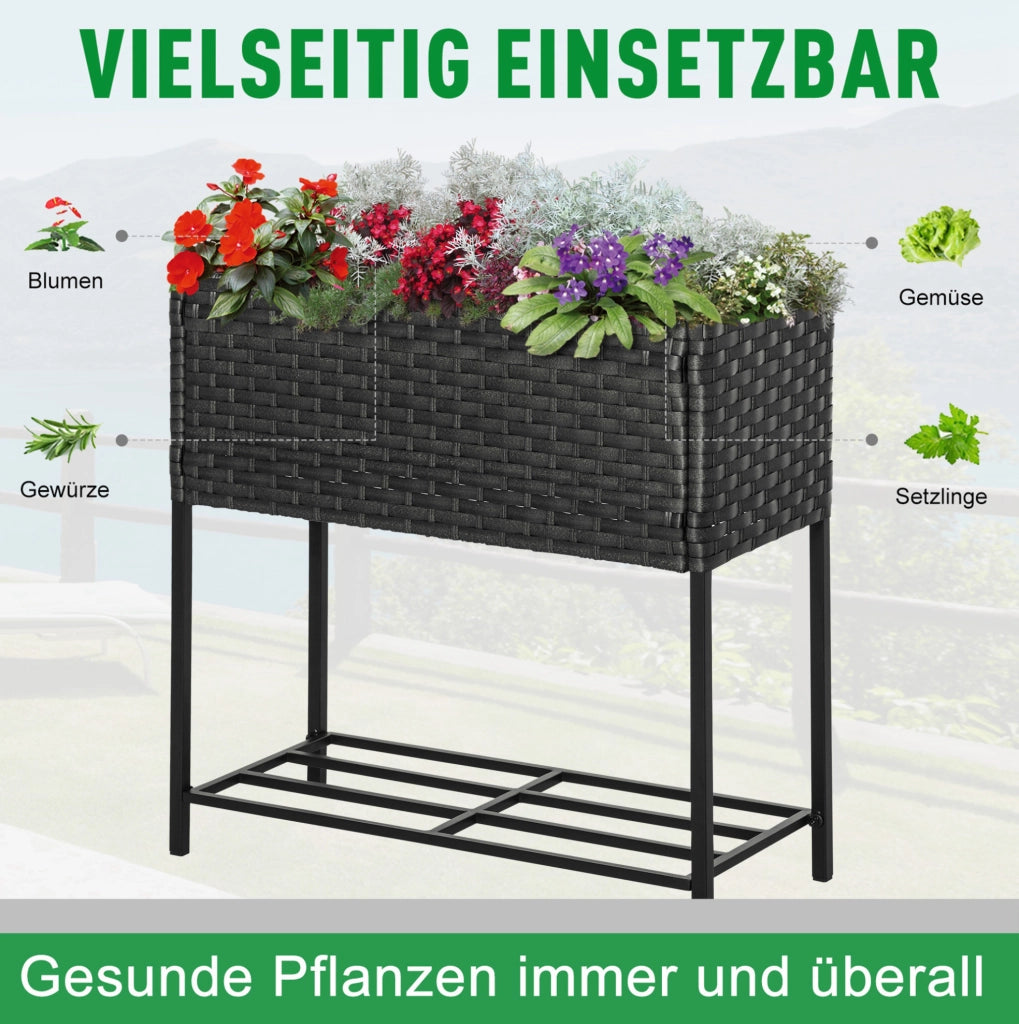 Fioriera rialzata marrone in rattan sintetico con ripiano