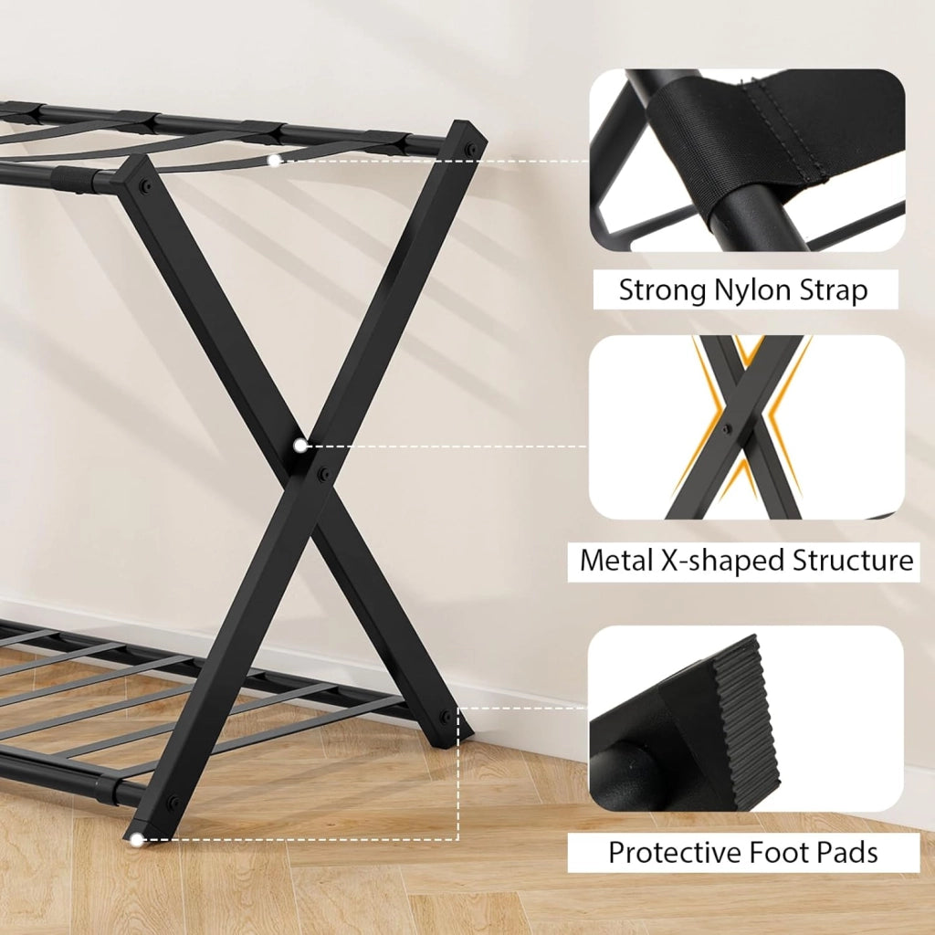 2 Pz di Portavaligia Pieghevole, Portata 70 kg, a 2 Ripiani, con Scarpiera, Struttura in Ferro, Multiuso Salvaspazio, Ideale per Viaggio e Hotel, 63,5x44x67 cm, 2 Colori (Nero)