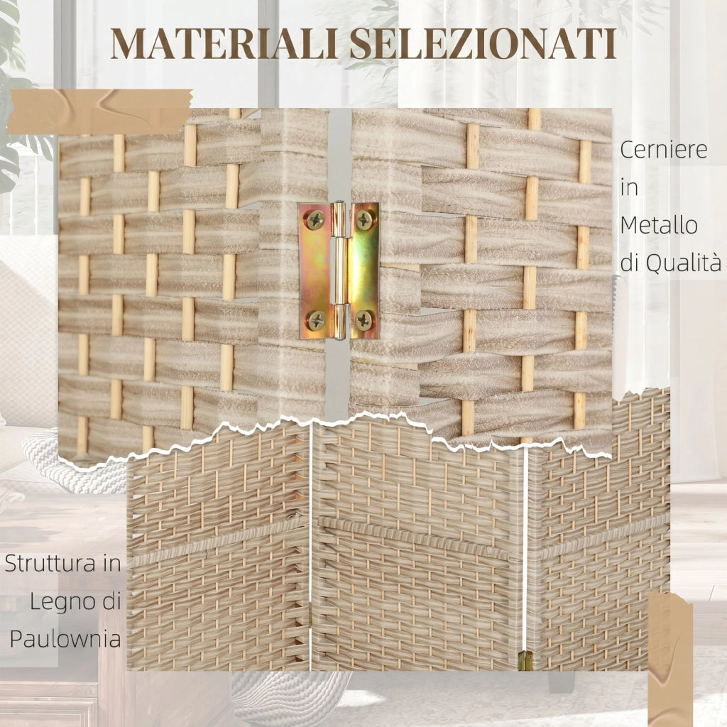 Paravento da Interno a 3 Pannelli Pieghevole 135x180 cm Separé Intrecciato in PP e Legno di Pino Rovere