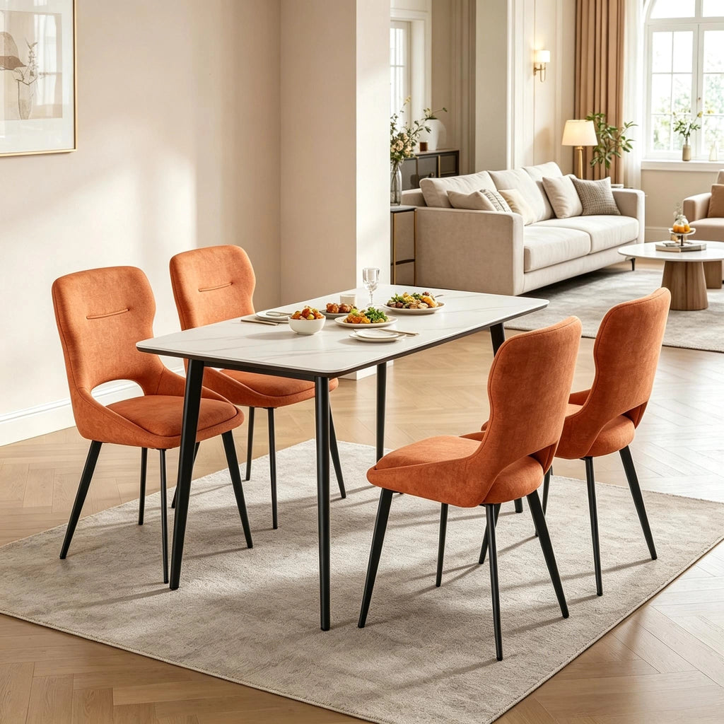 Sedia da pranzo Set da 4 con Braccioli e Schienale Imbottito, Gambe in Legno e Metallo, Ciniglia Arancione