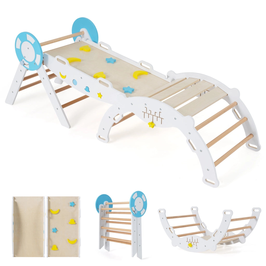 Set triangolare 7 in 1 legno montessori nautico arrampicata scivolo-Set scala arco labirinto palestra interna pieghevole bambini Bianco