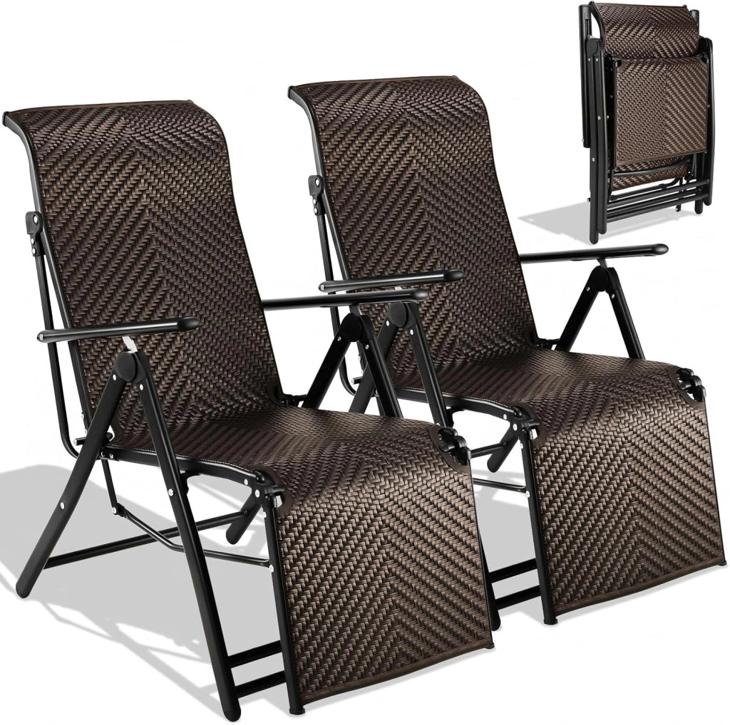 2 sedie a sdraio in rattan con poggiapiedi, sedie pieghevoli resistenti alle intemperie, con schienale regolabile in 7 posizioni, per balcone, giardino e terrazza
