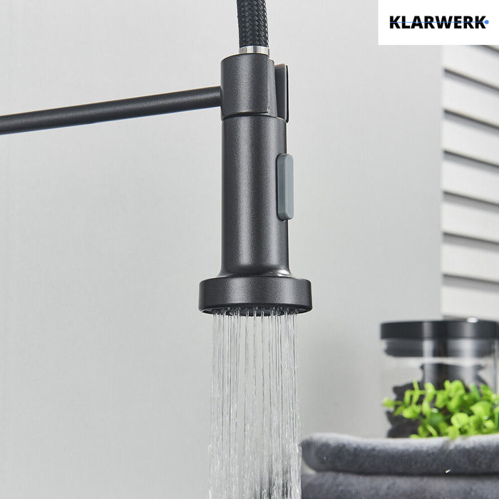 Bernd | Rubinetto cucina gastronomia con molla grigio titanio | flessibile in acciaio inossidabile |miscelatore ruotato di 360°Alta pressione 2 porte