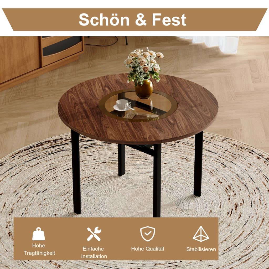 Tavolo da pranzo rotondo con 4 sedie, piano in MDF effetto legno, inserto in vetro e ripiano per cucina e soggiorno 100 cm