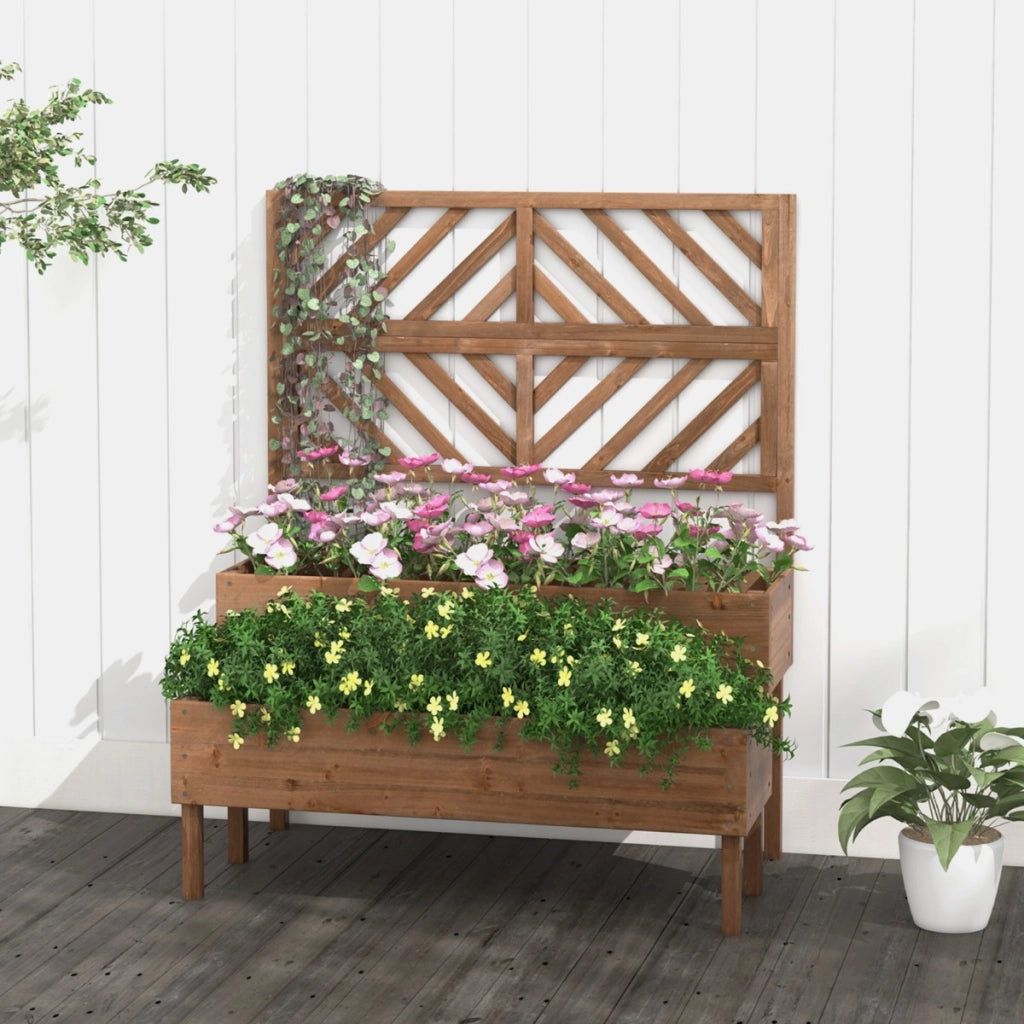 Cassetta da giardino rialzata a 2 livelli con trellis foro di drenaggio, Contenitore per piante da patio Marrone-Fioriere
