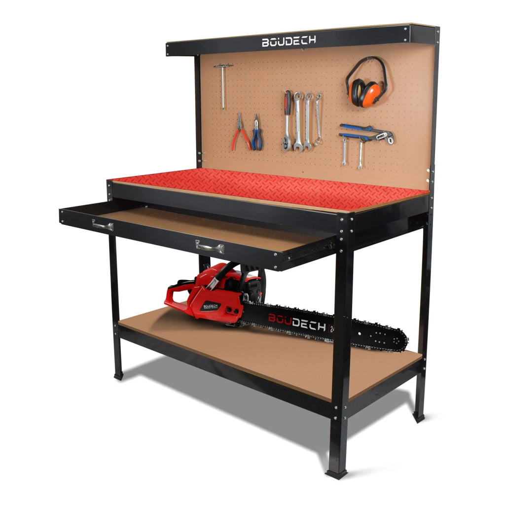 Banco da lavoro porta utensili in metallo con parete e cassetti officina 120x60cm + 2 cassetti e 2 mensole porta utensili + Tappetino