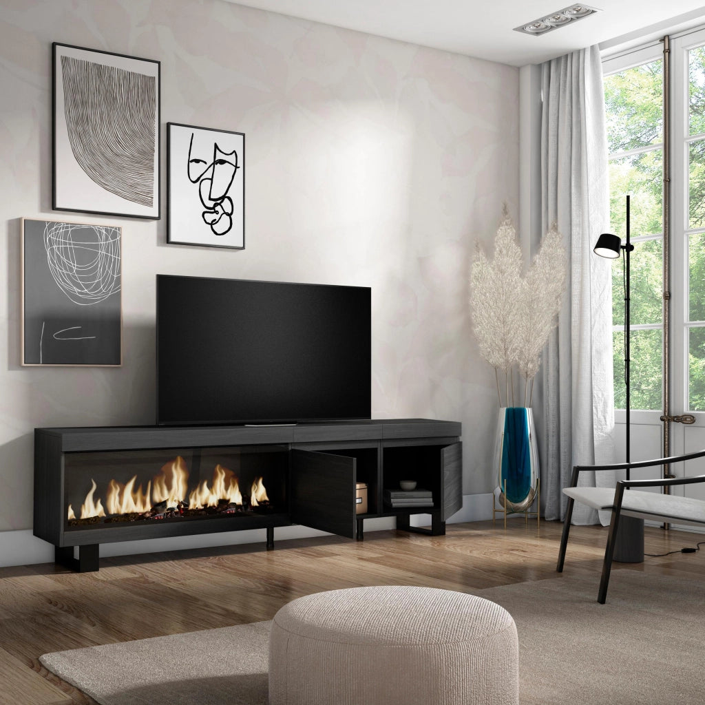 Mobile TV Soggiorno, 208x35x57cm, Per TV fino a 80", Camino elettrico XXL, Design industriale, Nero RF3258