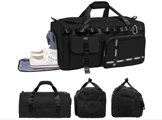 Borsa sportiva per donna, grande borsa sportiva con tasca per scarpe e compartimento per uso bagnato, per donne e uomini, 65 litri, valigetta, borsa da bagno, borsa per weekend, (nero)