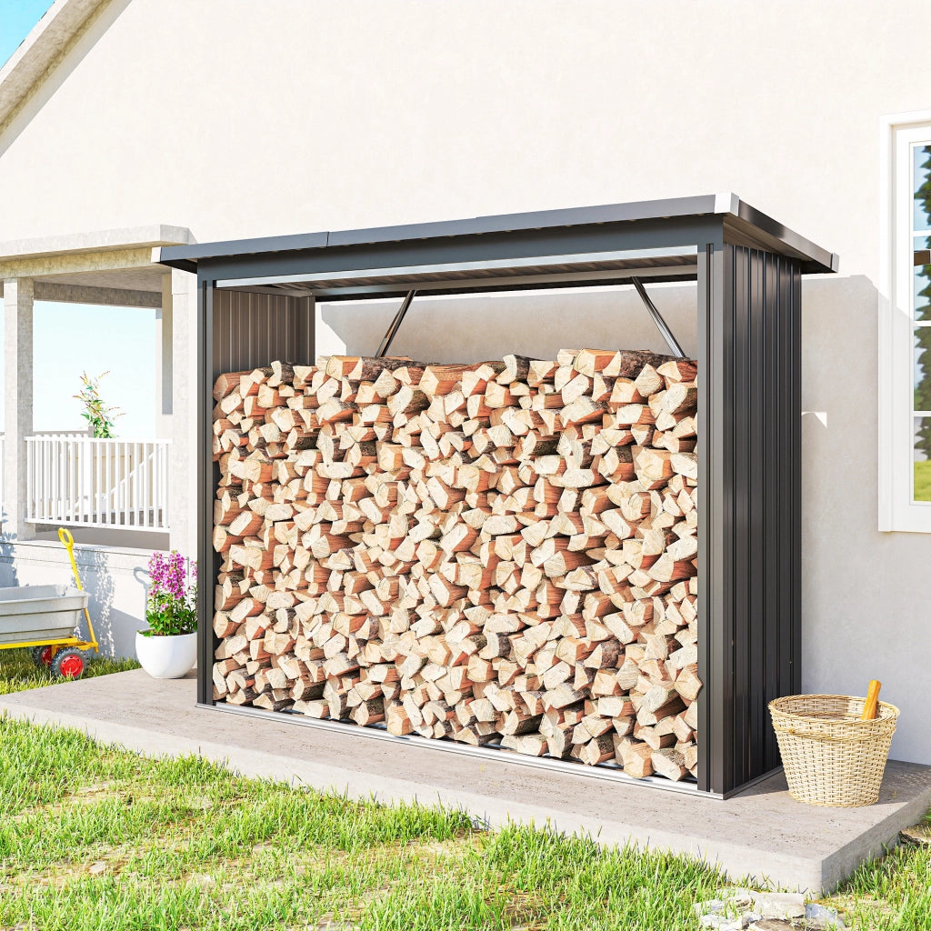 Capanno Portalegna in Acciaio da Esterno, Base Rialzata e Tetto Inclinato, 213x66.5x150 cm, Grigio Scuro