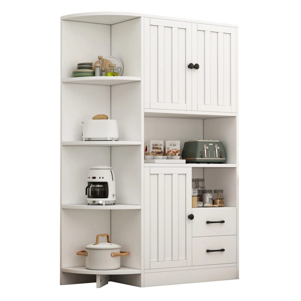 Vetrina angolare 104x35x155 cm con 3 armadi; 2 cassetti e 6 vani aperti; truciolare bianco