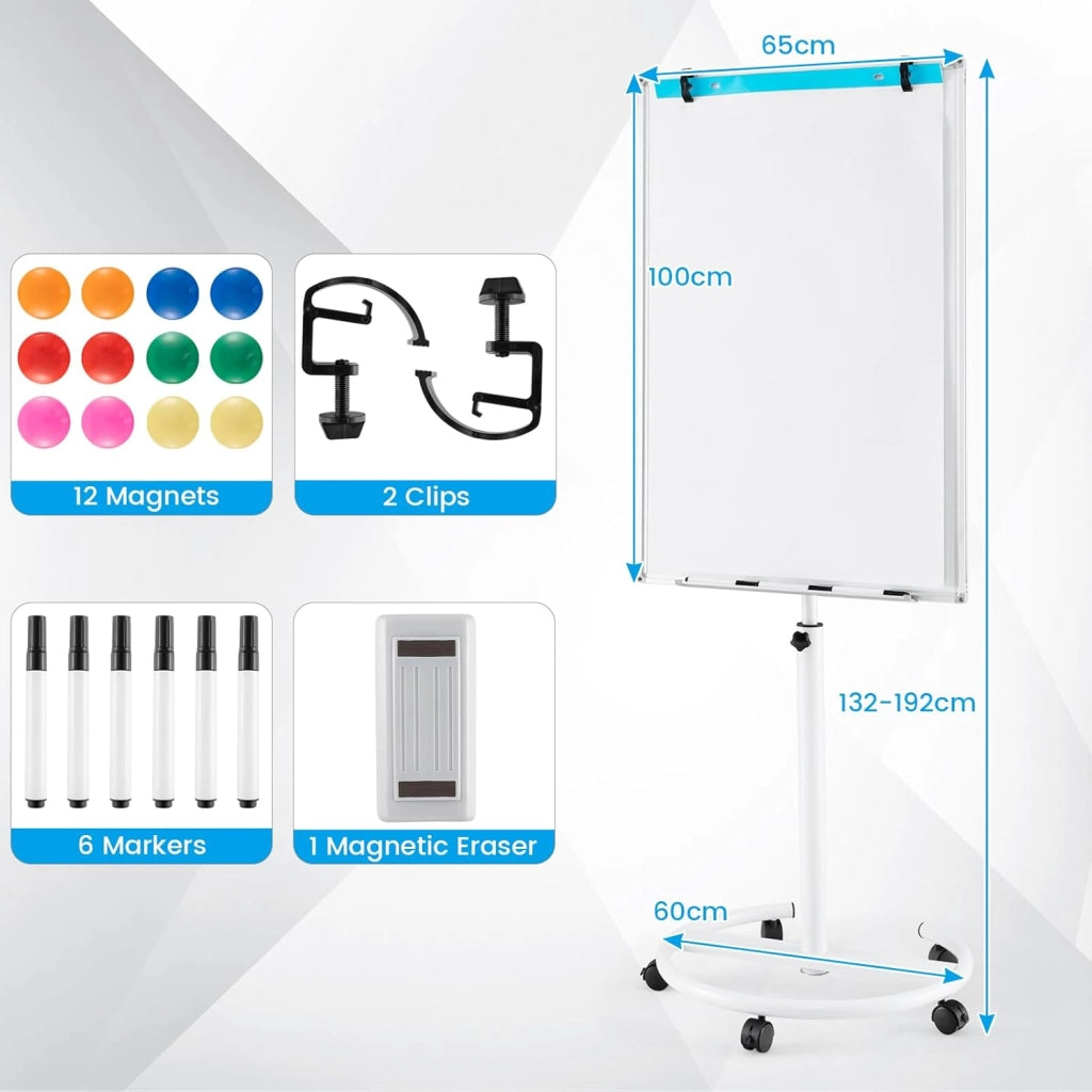 Lavagna Magnetica, Regolabile in Altezza e Ripiano per Penne, Cancellabile a Secco, 65x100 cm