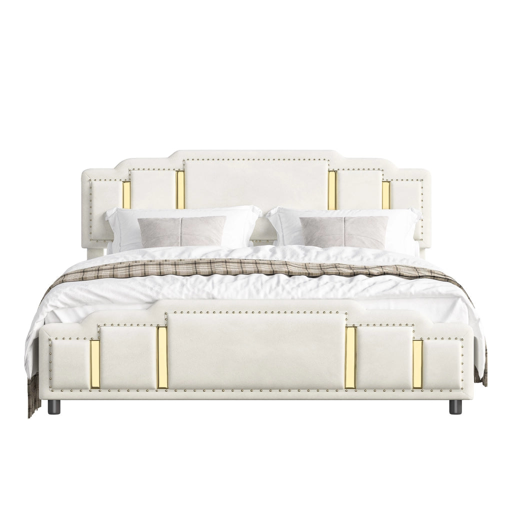 Letto imbottito 140x200 cm con LED e cassetti in velluto beige