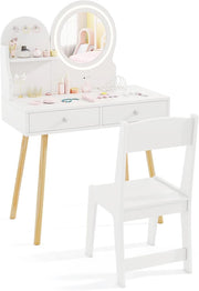 Set Toeletta Trucco per Bambini con Specchio Illuminato, Set Tavolo e Sedie con Ripiano Aperto, Ganci e Cassetti, Mobile da Leggere, Disegnare e Scrivere per Cameretta, Bianco