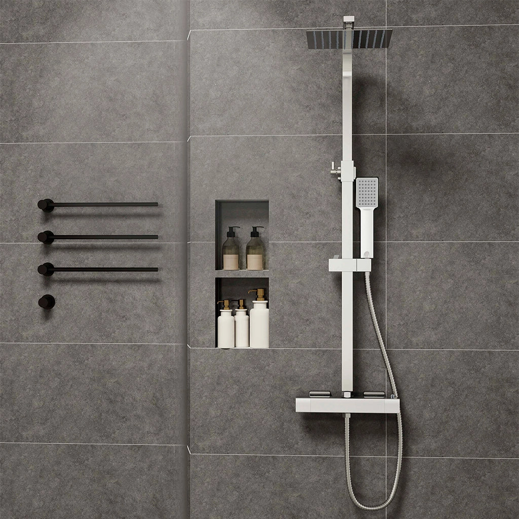 Colonne doccia cromo, soffione doccia quadrato 20x20cm acciaio inox, miscelatore termostatico doccia rettangolo antiscottature