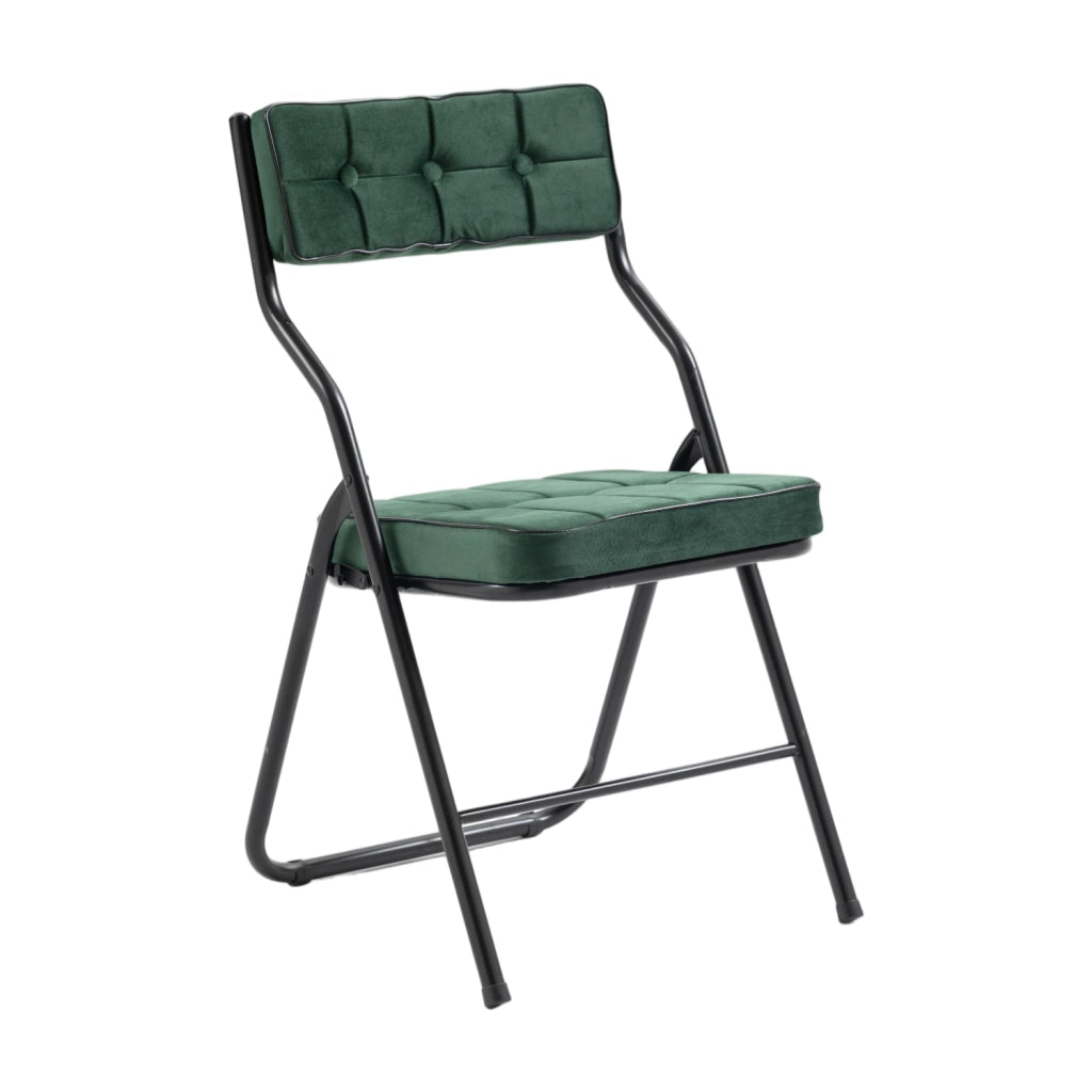 Set di 2 sedie pieghevoli imbottite; schienale curvo; in velluto e acciaio verde