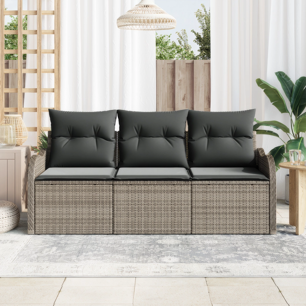 Set di divano da giardino a 3 pezzi con cuscini grigi in rattan poliestere