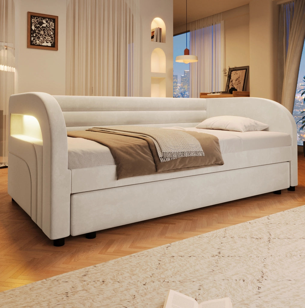 Letto imbottito ULEVR 90x200 cm con letto estraibile e illuminazione LED multicolore, beige