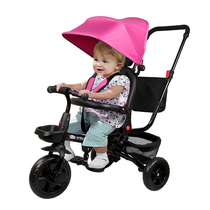 Passeggino Triciclo Pieghevole My Way Seduta Girevole Cappottina e Vano Oggetti Rosa