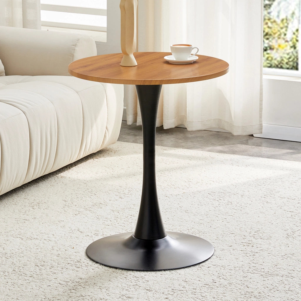 Tavolo da pranzo rotondo con base centrale, piano in MDF effetto legno, stile mid-century, per soggiorno, nero e legno