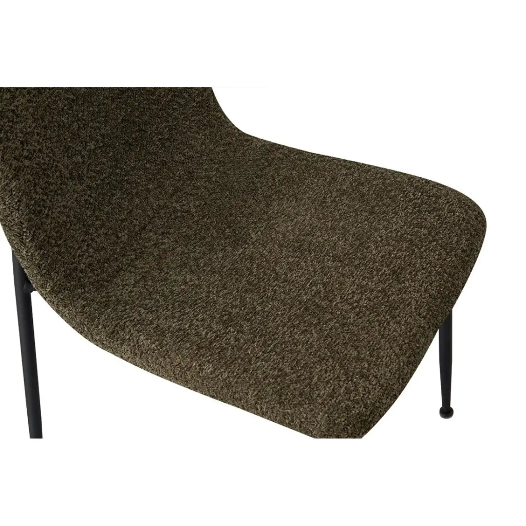 Sedia ALICE – Tessuto bouclé verde e gambe metallo nero – H82 × L42 × P57 cm