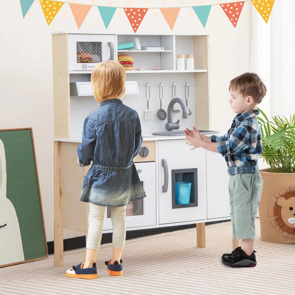 Cucina Giocattolo per Bambini in Legno, Cucina per Bambini con Microonde, Cappa Aspirante, Forno, Macchina del Ghiaccio, Lavello e Rubinetto, Manopole con Suoni, per Bambini 3-6 Anni (Bianco)