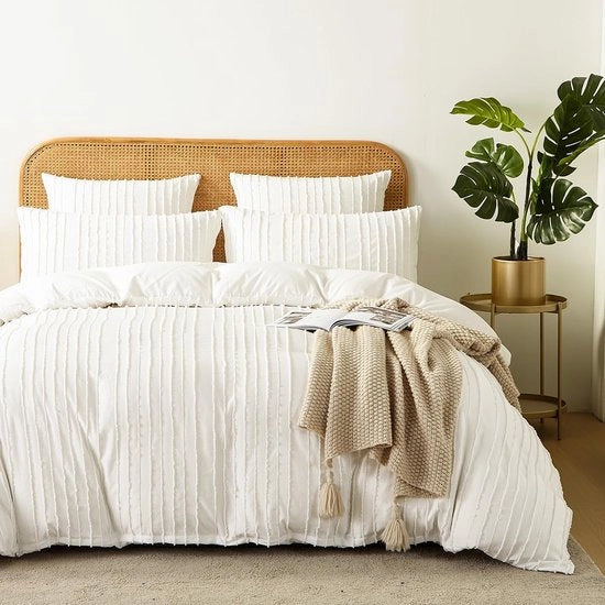 Set di coperte reversibili, 135 x 200 cm, bianco a pois, stile Bohemian, set di coperte per letto, microfibra, righe, set di coperte con chiusura a zip e cuscini 80 x 80 cm.