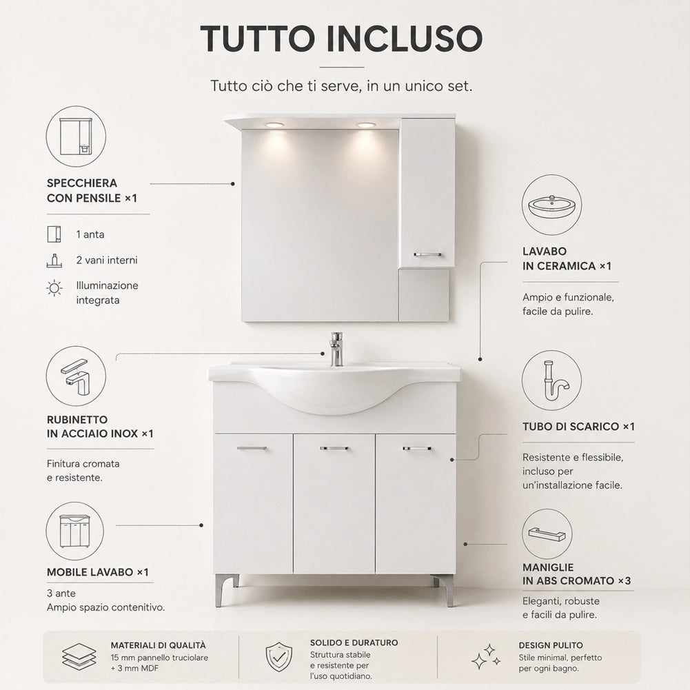 Set Completo Mobile da Bagno da Terra 85 cm Tre Ante Bianco Specchio e Accessori