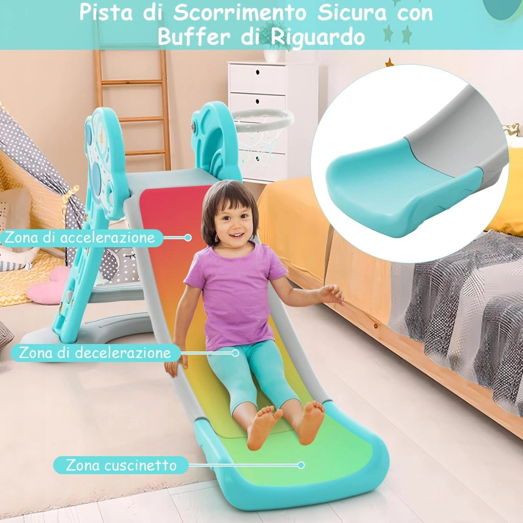 3 in 1 Scivolo per Bambini, Set di Scivolo Pieghevole con Canestro Basket e Pallone, Set da Arrampicata e Scivolo da Interno, 18 Mesi+ (Blu)