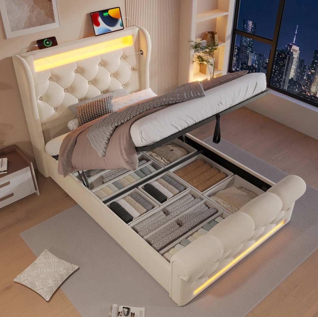 Letto imbottito con LED, ricarica USB-C e contenitore idraulico 90x200 cm