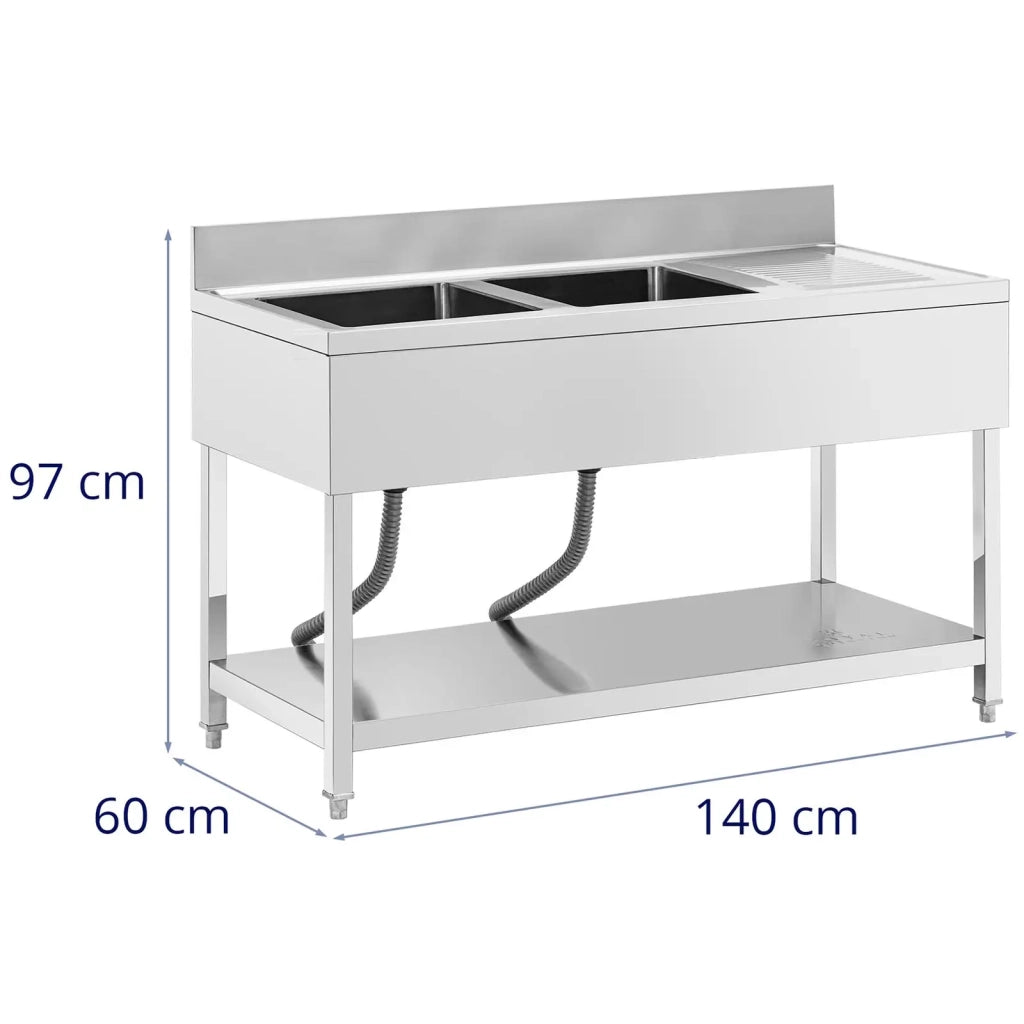 Lavello professionale in acciaio inox con 2 vasche 140 x 60 x 97 cm acciaio inox argento 14_0009563