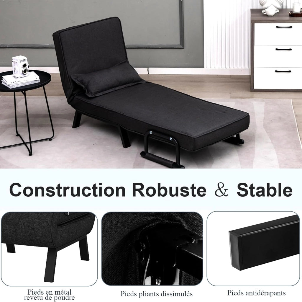 4 in 1 Poltrona Letto Singolo, Poltrona Pieghevole con Schienale Reclinabile a 6 Livelli, Divano Letto con Materasso e Cuscino, per Soggiorno e Salotto, 79 x 65 x 79 cm (Nero)