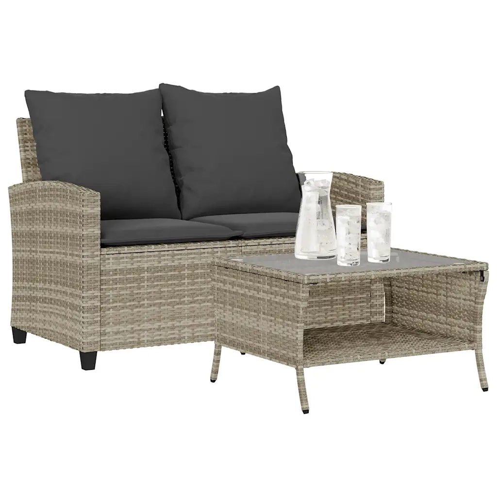 Divano 2 Posti con Cuscini e Tavolo Grigio Chiaro Polyrattan