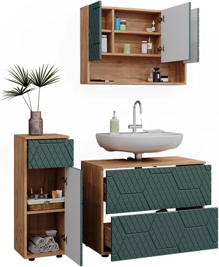 Set mobili bagno Irma, Quercia verde/oro, 3 pezzi, con cassettiera e mobile midi