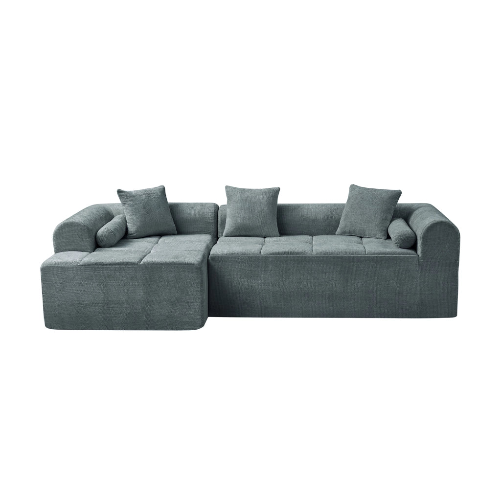 Divano angolare in chenille blu con tasca laterale; imbottitura in schiuma e molle
