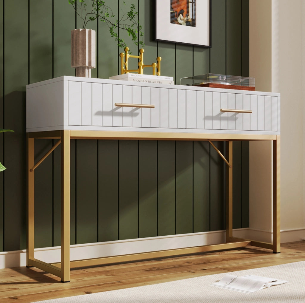 Toeletta con 2 cassetti 100x45x75 cm in truciolare bianco con base in metallo