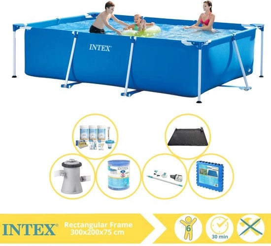 Piscina a forma rettangolare - Piscina da montare - 300x200x75 cm - Incluso kit di manutenzione, pompa per piscina, filtro, aspiratore, pannello solare e piastrelle per piscina