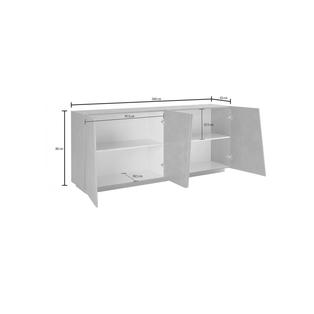 Credenza moderna a 4 Apollo, Made in Italy, Madia da cucina, Buffet di design da soggiorno, cm 200x43h86, Bianco lucido