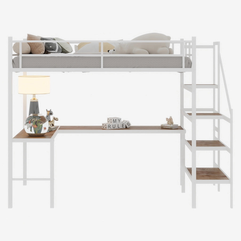 Letto a castello bianco con scrivania ad L funzione contenitore in ferro 90x190 cm