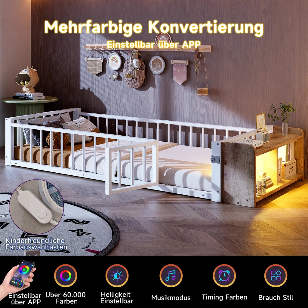 Letto in metallo con cassetti LED 90x200 MDF bianco e metallo