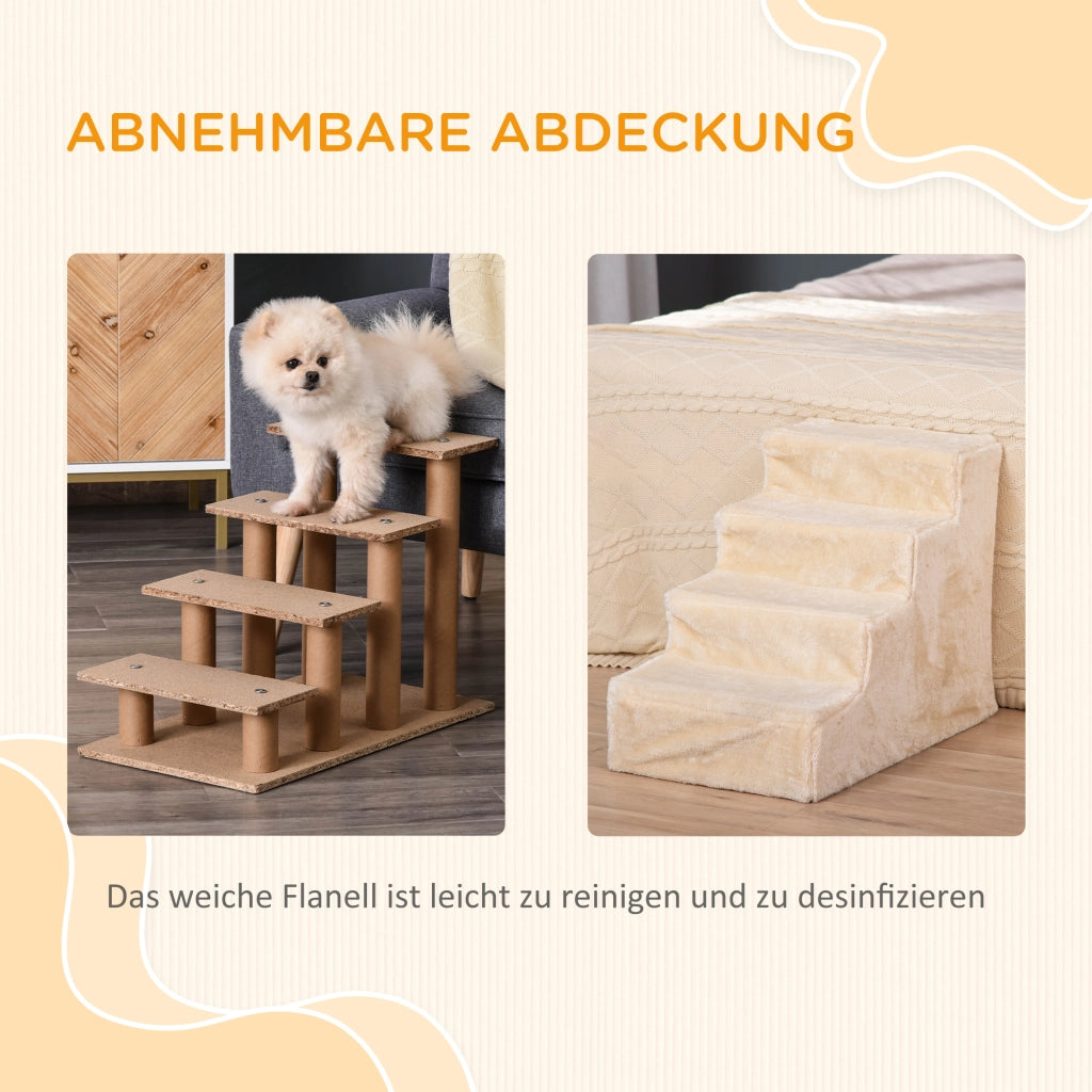 Scaletta per animali a 4 gradini con rivestimento sfoderabile in pile per divano e letto beige 60 × 35 × 44 cm