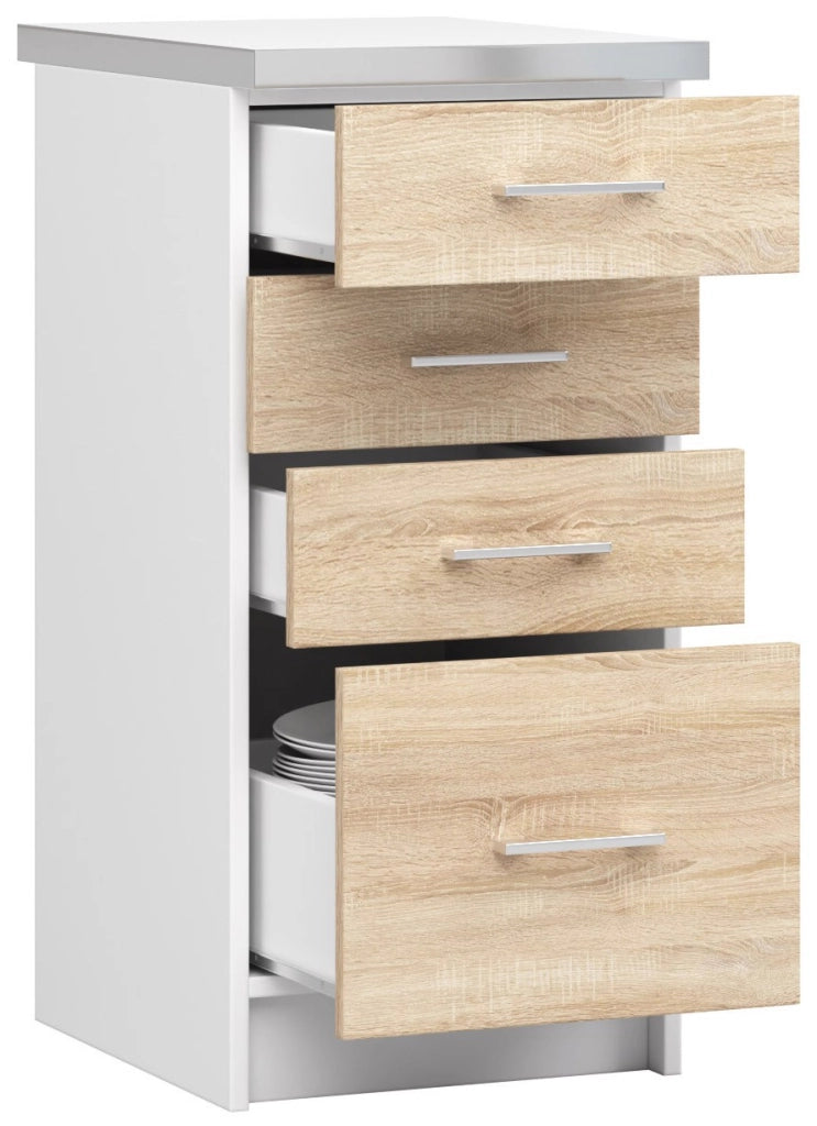 Mobile cucina modulare con piano di lavoro AKORD LIMA Bianco 40 cm 4 cassetti inserto frontale Sonoma Quercia 40x44,5x82 cm