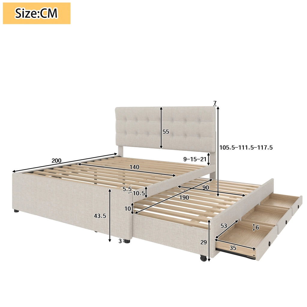 Letto matrimoniale imbottito 140x200 cm beige con letto estraibile e 3 cassetti